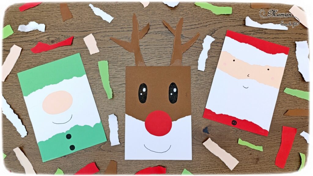 Créer des personnages de Noël en papier déchiré : activité créative et manuelle enfants - Technique du papier en version rectangle - Père Noël, Renne (Rudolphe), Lutin et Gnome de Noël façon galerie de portraits - Découpage, collage- Thème hiver, Noël, animaux du froid - Bricolage et décoration sympa et facile - Arts visuels Maternelle et cycle 2 - Maternelle et élémentaire - Créativité - Cycle 1 ou 2 - tutoriel photos - mslf