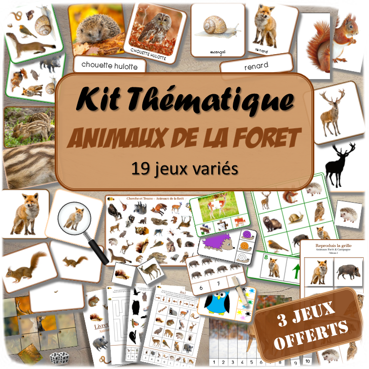 Kit thématique - Animaux de la forêt et de la campagne - 17 jeux variés pour le prix de 14 - 3 jeux offerts - Jeux pédagogiques, éducatifs et ludiques - Atelier autonome Maternelle (Cycle 1) et Primaire (Cycle 2 et 3) - PDF à télécharger et à imprimer - Difficulté progressive et différents niveaux pour la différenciation - Tarif préférentiel, réduction - Thèmes automne, bois, nature - lslf