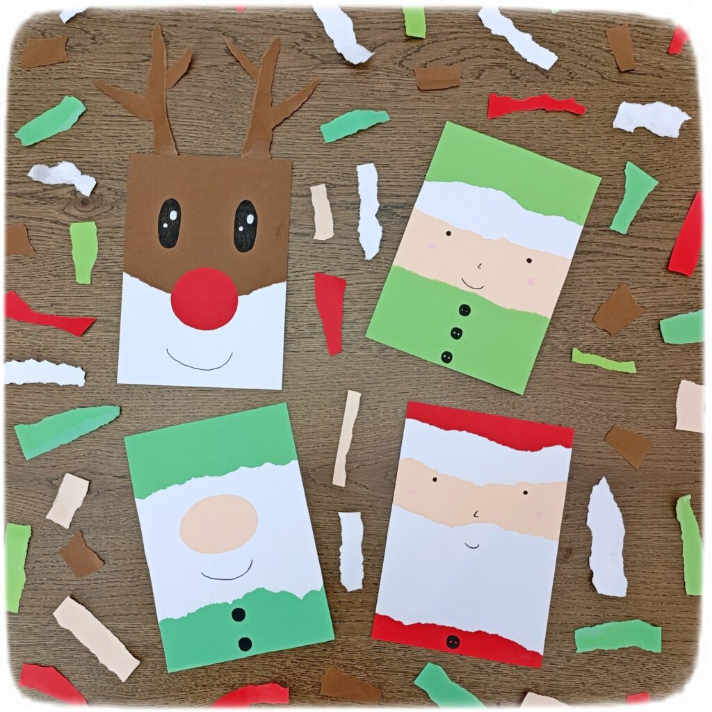 Créer des personnages de Noël en papier déchiré : activité créative et manuelle enfants - Technique du papier en version rectangle - Père Noël, Renne (Rudolphe), Lutin et Gnome de Noël façon galerie de portraits - Découpage, collage- Thème hiver, Noël, animaux du froid - Bricolage et décoration sympa et facile - Arts visuels Maternelle et cycle 2 - Maternelle et élémentaire - Créativité - Cycle 1 ou 2 - tutoriel photos - mslf