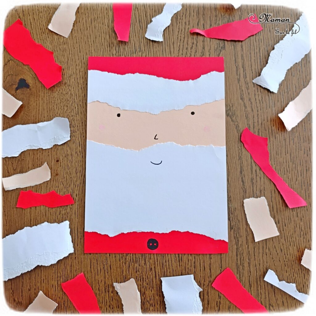 Créer des personnages de Noël en papier déchiré : activité créative et manuelle enfants - Technique du papier en version rectangle - Père Noël, Renne (Rudolphe), Lutin et Gnome de Noël façon galerie de portraits - Découpage, collage- Thème hiver, Noël, animaux du froid - Bricolage et décoration sympa et facile - Arts visuels Maternelle et cycle 2 - Maternelle et élémentaire - Créativité - Cycle 1 ou 2 - tutoriel photos - mslf