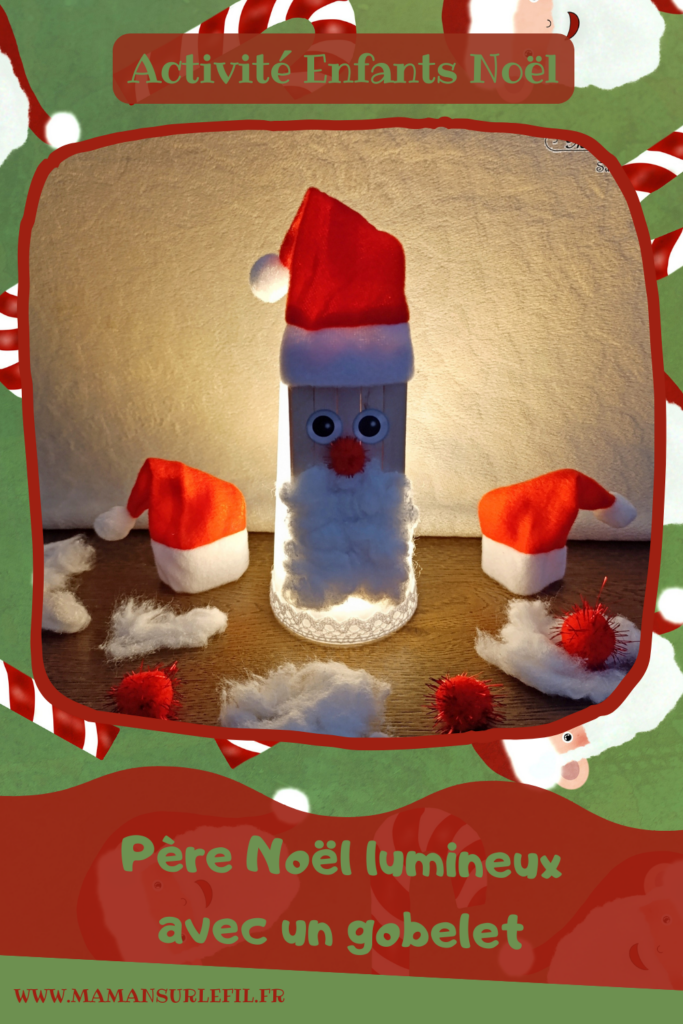 Fabriquer un Père Noël lumineux avec un gobelet : activité créative et manuelle enfants - Le tutoriel et tout le matériel viennent de chez 10 Doigts - Bricolage et décoration DIY réalisé à partir d'un gobelet, de bâtonnets de bois, de coton, d'un pompon rouge, de gommettes Yeux, d'un bonnet de Noël, de ruban en dentelle adhésif et d'une bougie LED - Bricolage Fait maison, décoration de Noël - Kit tout compris - Thème Noël, hiver, traditions - Bricolage sympa et facile - Arts visuels Maternelle et cycle 2 - Maternelle et élémentaire - Créativité - Cycle 1 ou 2 - tutoriel photos - mslf