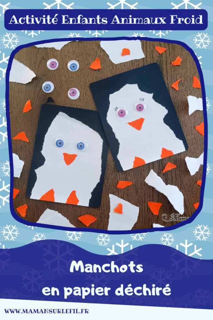 Créer des manchots (ou pingouins) en papier déchiré : activité créative et manuelle enfants - Technique du papier en version rectangle - Manchots mâle et femelle (couple) façon galerie de portraits - Découpage, collage - Thème hiver, animaux du froid et de la banquise - Bricolage et décoration sympa et facile - Arts visuels Maternelle et cycle 2 - Maternelle et élémentaire - Créativité - Cycle 1 ou 2 - tutoriel photos - mslf