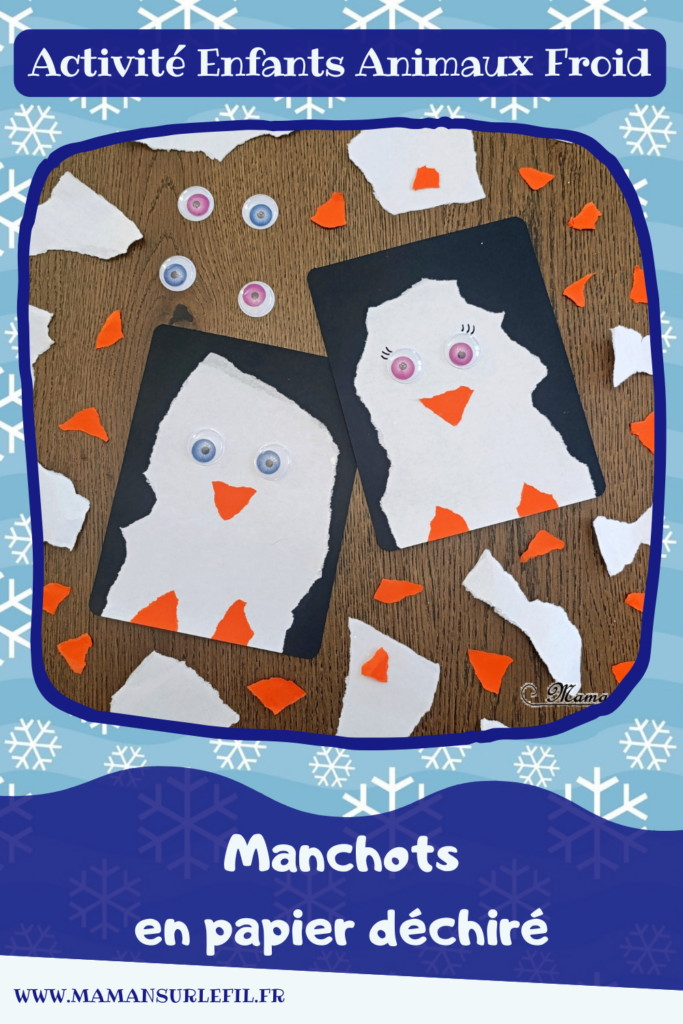 Créer des manchots (ou pingouins) en papier déchiré : activité créative et manuelle enfants - Technique du papier en version rectangle - Manchots mâle et femelle (couple) façon galerie de portraits - Découpage, collage - Thème hiver, animaux du froid et de la banquise - Bricolage et décoration sympa et facile - Arts visuels Maternelle et cycle 2 - Maternelle et élémentaire - Créativité - Cycle 1 ou 2 - tutoriel photos - mslf