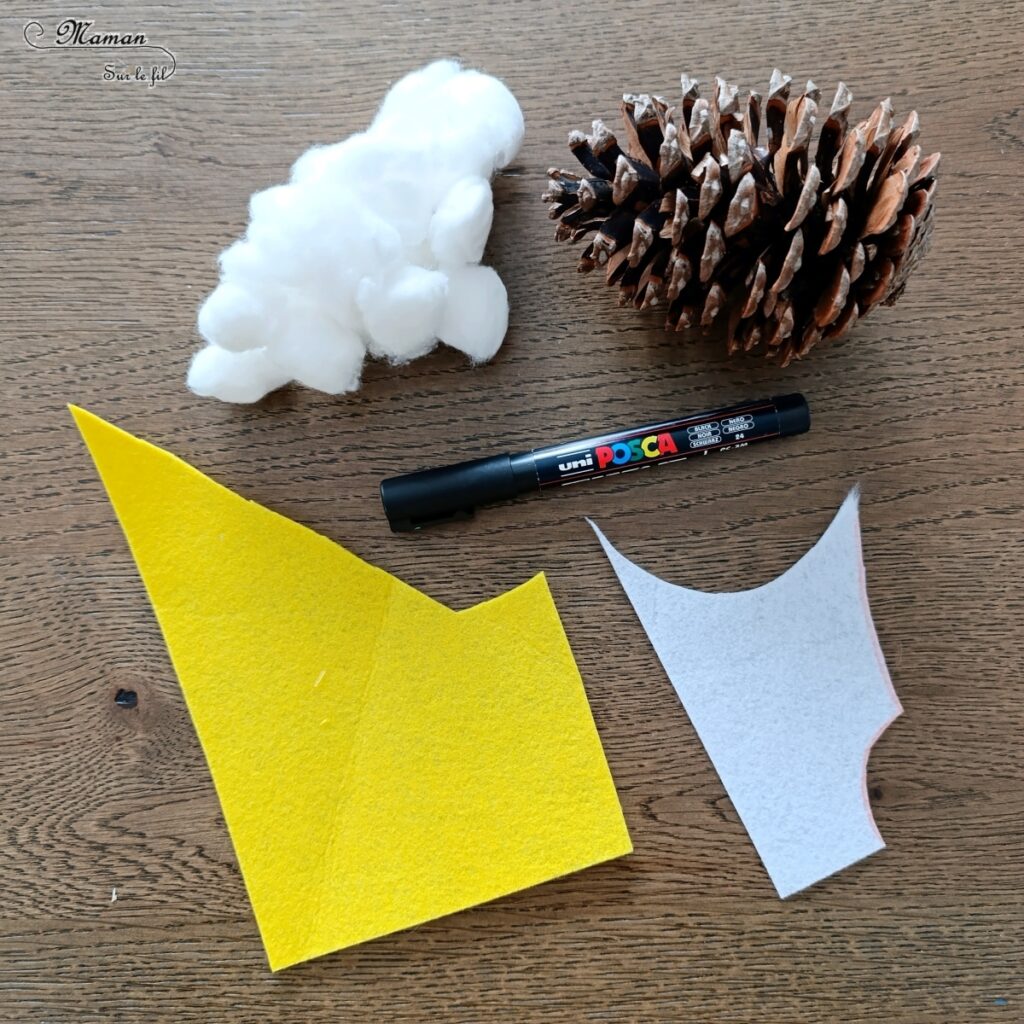 Fabriquer une harfang des neiges avec une pomme de pin et du coton : activité créative, nature et manuelle enfants - Récup', recyclage, surcyclage de pommes de pin - Chouette, Hibou des neiges - Décoration, bricolage Land Art et feutrine - Thème hiver, animaux du froid et de la banquise, oiseaux - Bricolage et décoration sympa et facile - Arts visuels Maternelle et cycle 2 - Maternelle et élémentaire - Créativité - Cycle 1 ou 2 - tutoriel photos - mslf