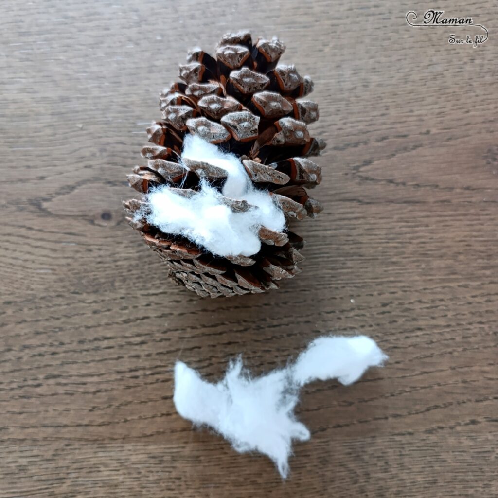 Fabriquer une harfang des neiges avec une pomme de pin et du coton : activité créative, nature et manuelle enfants - Récup', recyclage, surcyclage de pommes de pin - Chouette, Hibou des neiges - Décoration, bricolage Land Art et feutrine - Thème hiver, animaux du froid et de la banquise, oiseaux - Bricolage et décoration sympa et facile - Arts visuels Maternelle et cycle 2 - Maternelle et élémentaire - Créativité - Cycle 1 ou 2 - tutoriel photos - mslf