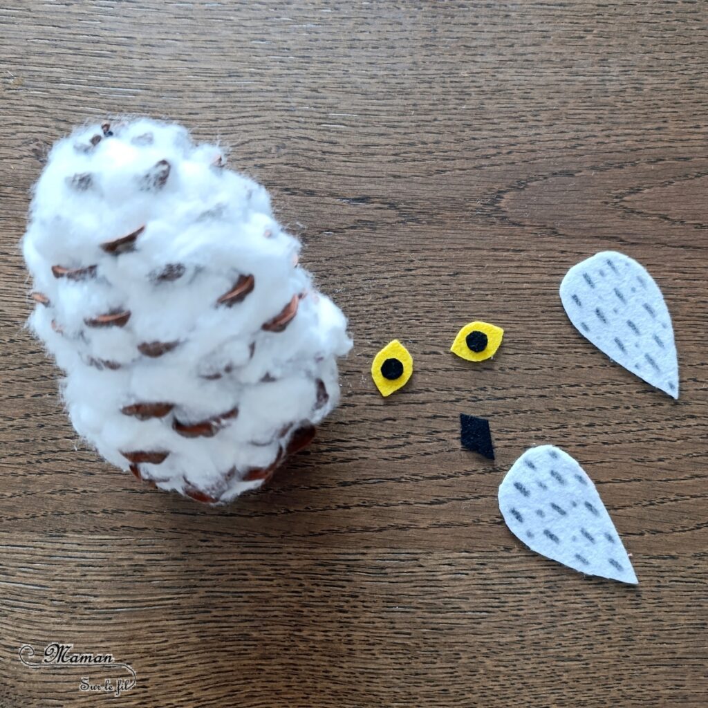 Fabriquer une harfang des neiges avec une pomme de pin et du coton : activité créative, nature et manuelle enfants - Récup', recyclage, surcyclage de pommes de pin - Chouette, Hibou des neiges - Décoration, bricolage Land Art et feutrine - Thème hiver, animaux du froid et de la banquise, oiseaux - Bricolage et décoration sympa et facile - Arts visuels Maternelle et cycle 2 - Maternelle et élémentaire - Créativité - Cycle 1 ou 2 - tutoriel photos - mslf