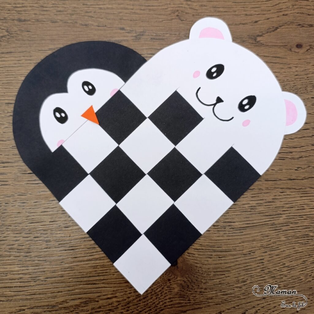 Créer un manchot et un ours polaire entrelacés dans un coeur : activité créative et manuelle enfants - Technique du coeur en papier tissé pour la base - Découpage, collage dessin pour l'ours blanc et le pingouin - Thème hiver, animaux du froid et de la banquise - Bricolage et décoration sympa et facile - Arts visuels Maternelle et cycle 2 - Maternelle et élémentaire - Créativité - Cycle 1 ou 2 - tutoriel photos - mslf