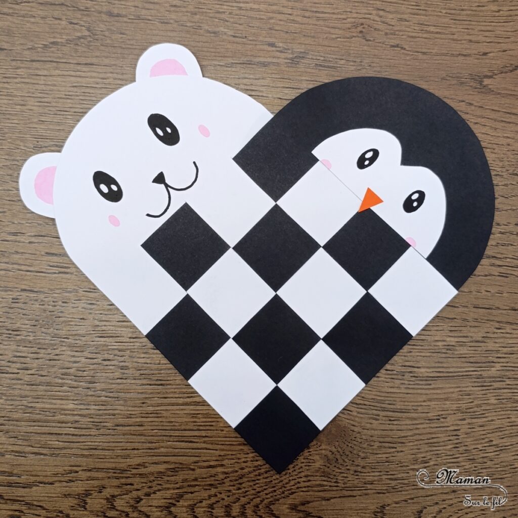 Créer un manchot et un ours polaire entrelacés dans un coeur : activité créative et manuelle enfants - Technique du coeur en papier tissé pour la base - Découpage, collage dessin pour l'ours blanc et le pingouin - Thème hiver, animaux du froid et de la banquise - Bricolage et décoration sympa et facile - Arts visuels Maternelle et cycle 2 - Maternelle et élémentaire - Créativité - Cycle 1 ou 2 - tutoriel photos - mslf