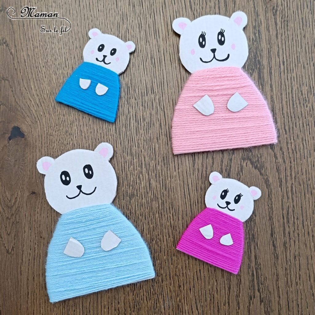 Fabriquer une famille d'ours polaires en carton et laine : activité créative, récup' et manuelle enfants - Recyclage, surcyclage de carton blanc - Découpage, Motricité fine pour enrouler la laine, dessin - Bricolage et décoration DIY - Couple et enfants Ours blancs - Thème hiver, animaux du froid et de la banquise - Bricolage et décoration sympa et facile - Arts visuels Maternelle et cycle 2 - Maternelle et élémentaire - Créativité - Cycle 1 ou 2 - tutoriel photos - mslf