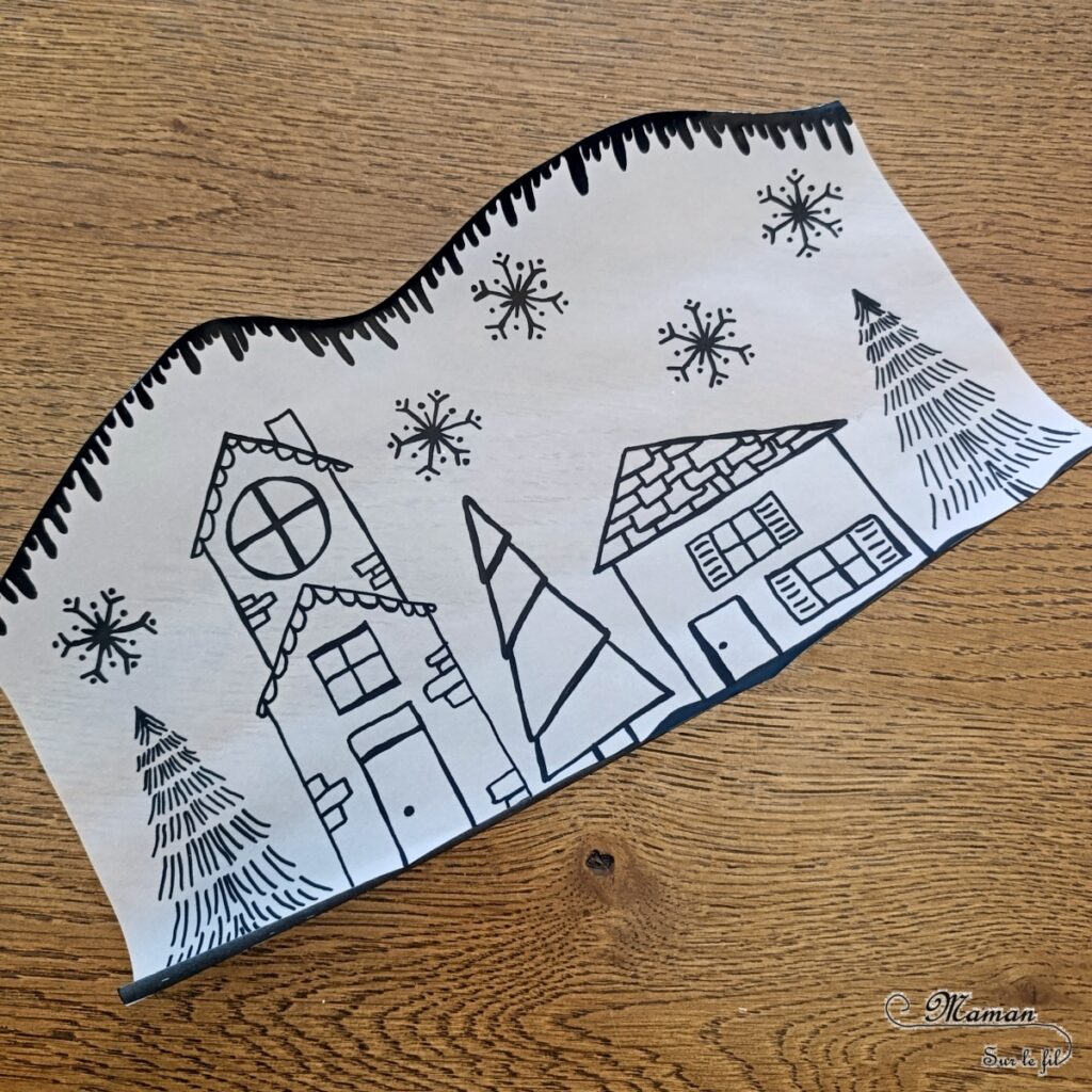 Fabriquer des lanternes hivernales avec du papier calque : activité créative, dessin et manuelle enfants - Dessiner un village d'hiver sur le calque (maisons, sapins, flocons, neige qui fond) en noir - Bougies LED pour le côté lumineux et cocooning - Décoration fait maison - Bricolage DIY - Thème hiver, neige - Bricolage et décoration sympa et facile - Arts visuels Maternelle et cycle 2 - Maternelle et élémentaire - Créativité - Cycle 1 ou 2 - tutoriel photos et vidéo - mslf