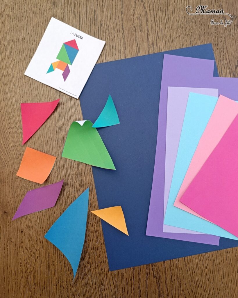 Créer une fusée colorée en tangram : activité créative et manuelle enfants - Découpage, collage, géométrie, formes et couleurs - Reproduction de modèle - Etoiles - Thème Nuit, Espace et planètes - Bricolage et décoration sympa et facile - Arts visuels Maternelle et cycle 2 - Maternelle et élémentaire - Créativité - Cycle 1 ou 2 - tutoriel photos - mslf