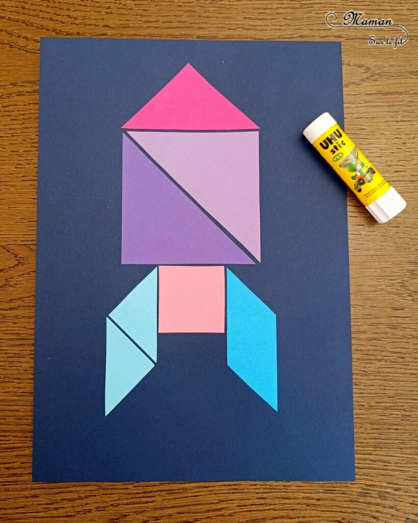 Créer une fusée colorée en tangram : activité créative et manuelle enfants - Découpage, collage, géométrie, formes et couleurs - Reproduction de modèle - Etoiles - Thème Nuit, Espace et planètes - Bricolage et décoration sympa et facile - Arts visuels Maternelle et cycle 2 - Maternelle et élémentaire - Créativité - Cycle 1 ou 2 - tutoriel photos - mslf