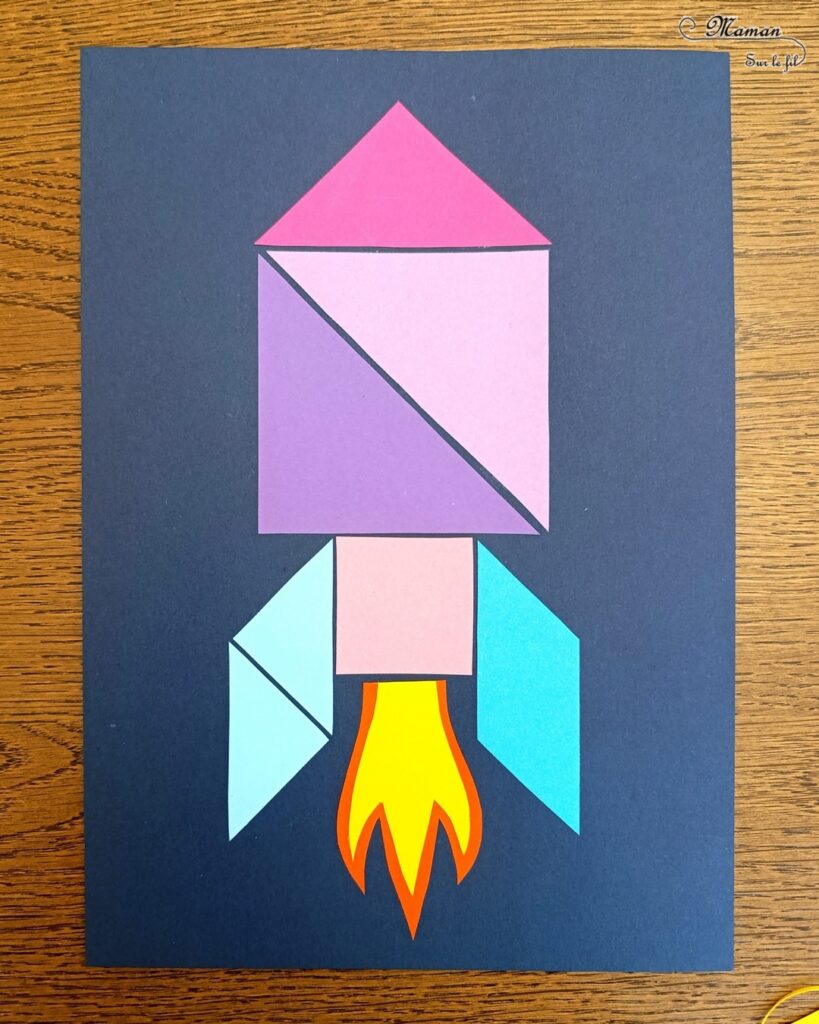 Créer une fusée colorée en tangram : activité créative et manuelle enfants - Découpage, collage, géométrie, formes et couleurs - Reproduction de modèle - Etoiles - Thème Nuit, Espace et planètes - Bricolage et décoration sympa et facile - Arts visuels Maternelle et cycle 2 - Maternelle et élémentaire - Créativité - Cycle 1 ou 2 - tutoriel photos - mslf