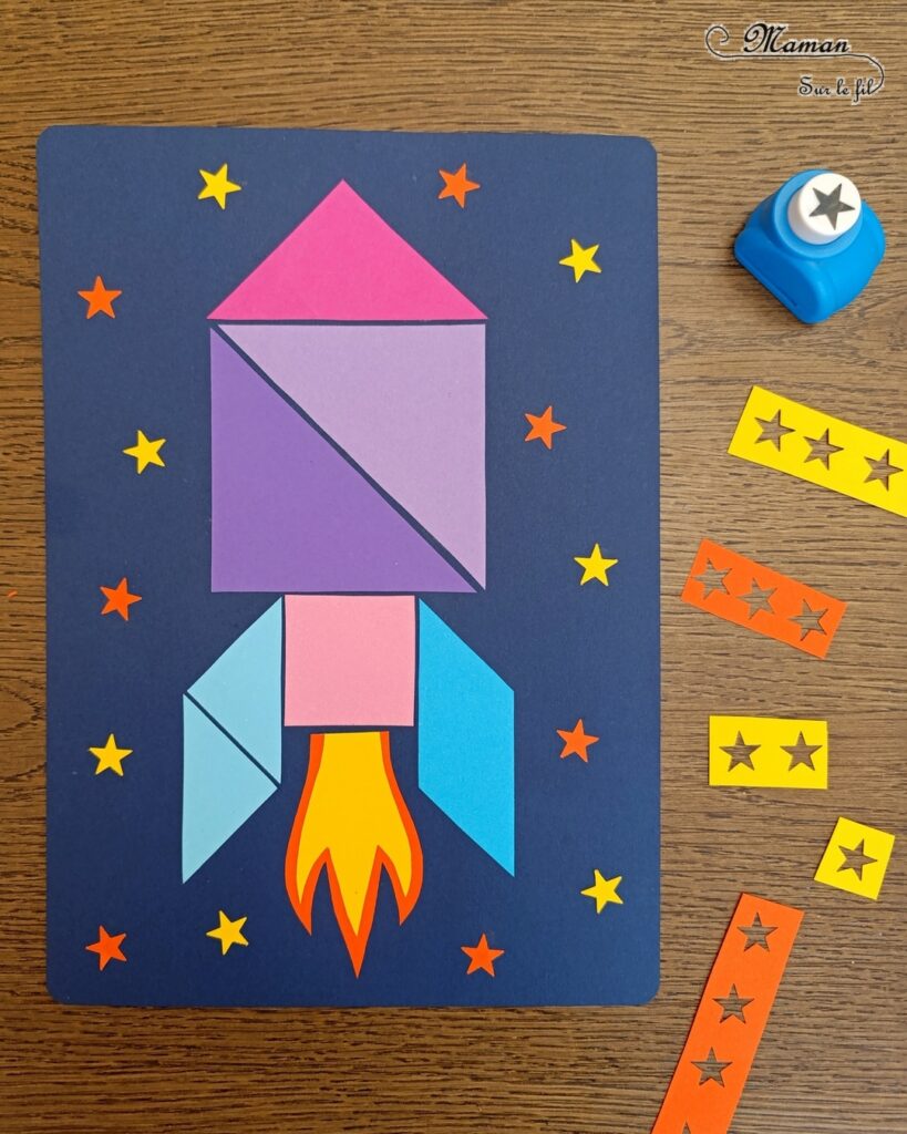 Créer une fusée colorée en tangram : activité créative et manuelle enfants - Découpage, collage, géométrie, formes et couleurs - Reproduction de modèle - Etoiles - Thème Nuit, Espace et planètes - Bricolage et décoration sympa et facile - Arts visuels Maternelle et cycle 2 - Maternelle et élémentaire - Créativité - Cycle 1 ou 2 - tutoriel photos - mslf