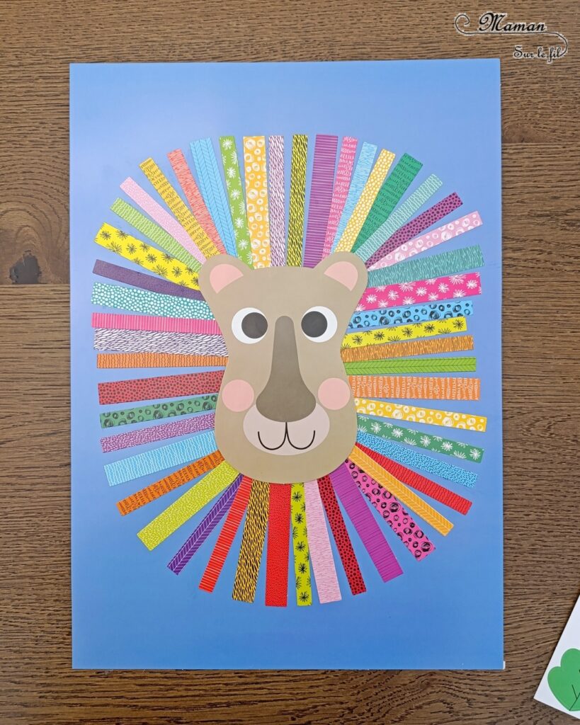 Créer un lion à la crinière colorée avec des bandes de papier : activité créative et manuelle enfants - Le tutoriel et tout le matériel viennent de chez 10 Doigts - Bricolage et décoration DIY réalisé avec des bandes de papier coloré et à motifs et des feuilles en papier cartonnée - Collage - Bricolage Fait maison, décoration - Kit tout compris - Thème Animaux de la savane, Carnaval, été - Bricolage sympa et facile - Arts visuels Maternelle et cycle 2 - Maternelle et élémentaire - Créativité - Cycle 1 ou 2 - tutoriel photos - mslf