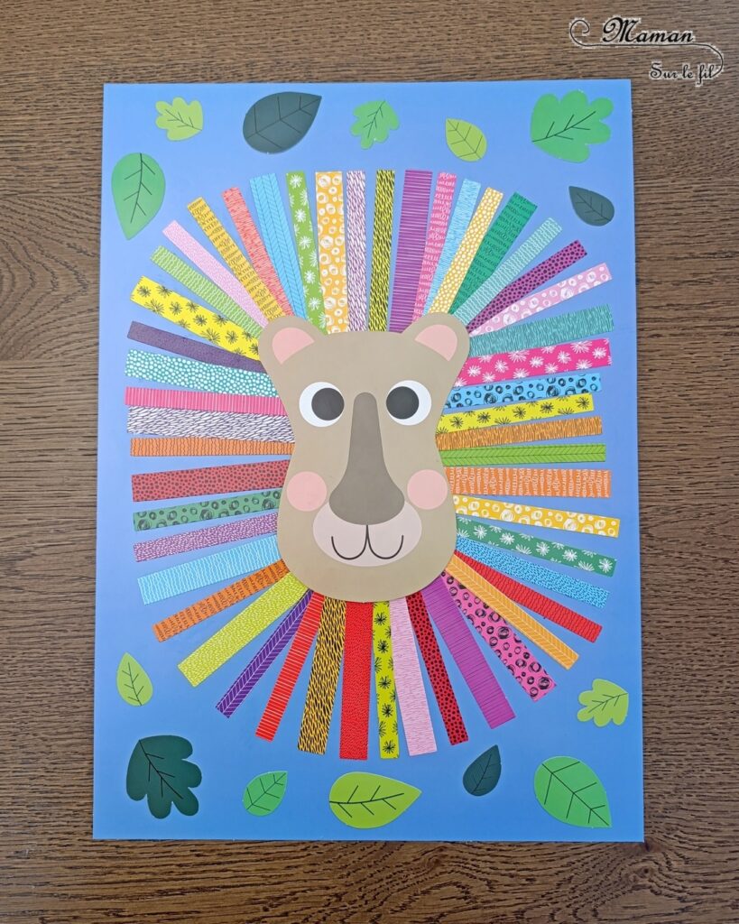 Créer un lion à la crinière colorée avec des bandes de papier : activité créative et manuelle enfants - Le tutoriel et tout le matériel viennent de chez 10 Doigts - Bricolage et décoration DIY réalisé avec des bandes de papier coloré et à motifs et des feuilles en papier cartonnée - Collage - Bricolage Fait maison, décoration - Kit tout compris - Thème Animaux de la savane, Carnaval, été - Bricolage sympa et facile - Arts visuels Maternelle et cycle 2 - Maternelle et élémentaire - Créativité - Cycle 1 ou 2 - tutoriel photos - mslf