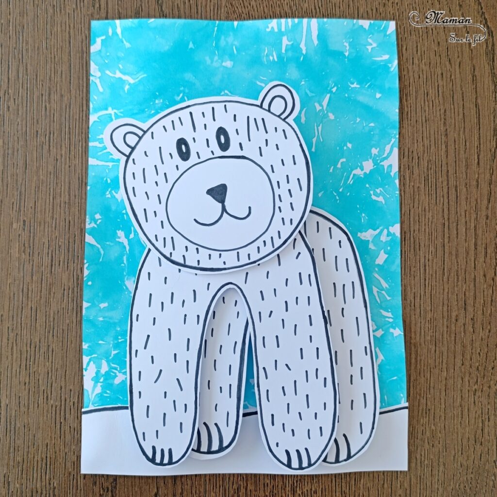 Dessiner un ours polaire graphique en relief : activité créative, dessin et manuelle enfants - Fond hivernal avec la technique du papier crépon et de l'eau - Ours blanc découpé et dessiné en noir de manière graphique - Dessin et graphismes - Effet en 3D avec des pastilles en mousse - Thème hiver, animaux du froid et de la banquise, neige - Bricolage et décoration sympa et facile - Arts visuels Maternelle et cycle 2 - Maternelle et élémentaire - Créativité - Cycle 1 ou 2 - tutoriel photos - mslf