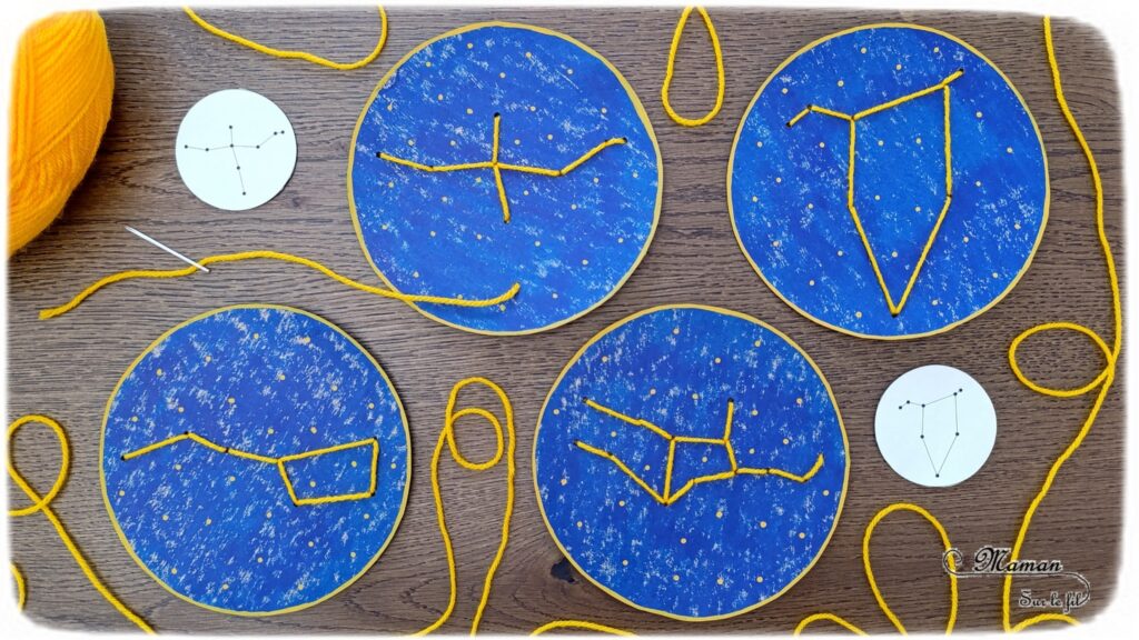 Broder des constellations avec de la laine et du carton : activité créative, récup' et manuelle enfants - Cercles en carton de récup' peint en bleu - Recyclage, surcyclage - Peinture, compas, géométrie, découpage - Trous dans le carton à la perforatrice - Reproduire les constellations avec un modèles avec de la laine et une aiguille - Initiation à la broderie, à la couture Motricité fine - Thème nuit, étoiles, espace - Bricolage et décoration sympa et facile - Arts visuels Maternelle et cycle 2 - Maternelle et élémentaire - Créativité - Cycle 1 ou 2 - tutoriel photos - mslf