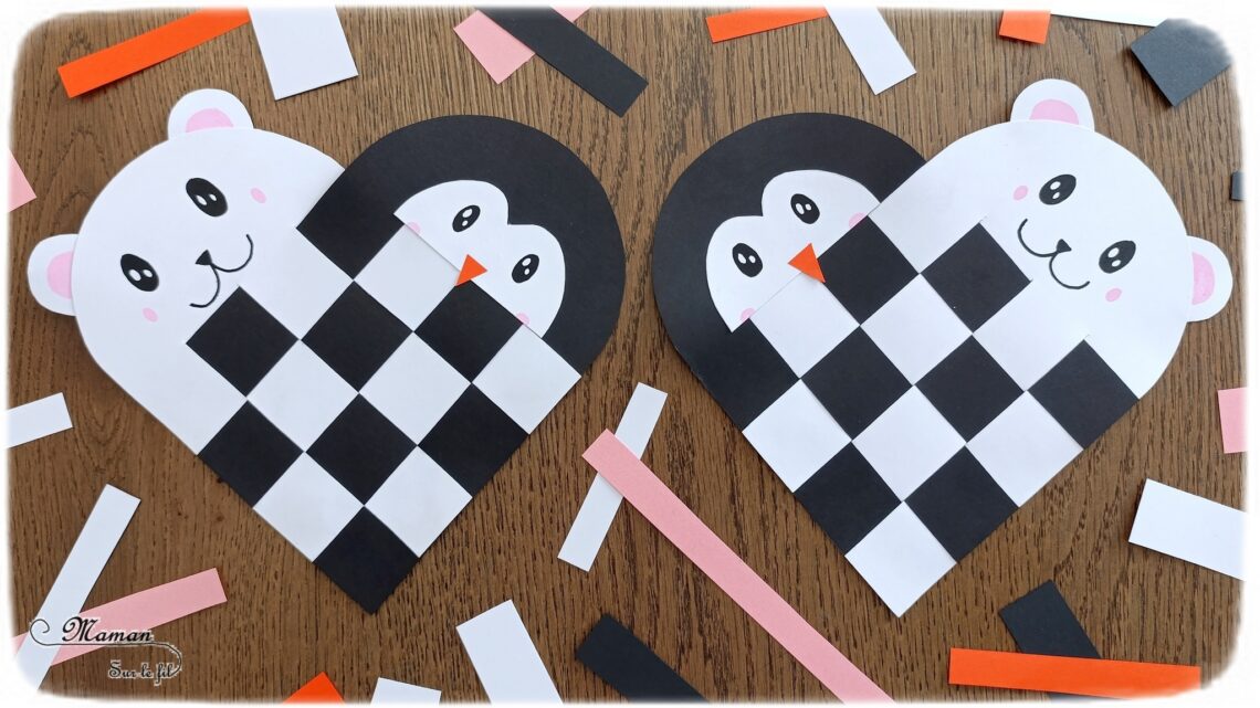 Créer un manchot et un ours polaire entrelacés dans un coeur : activité créative et manuelle enfants - Technique du coeur en papier tissé pour la base - Découpage, collage dessin pour l'ours blanc et le pingouin - Thème hiver, animaux du froid et de la banquise - Bricolage et décoration sympa et facile - Arts visuels Maternelle et cycle 2 - Maternelle et élémentaire - Créativité - Cycle 1 ou 2 - tutoriel photos - mslf