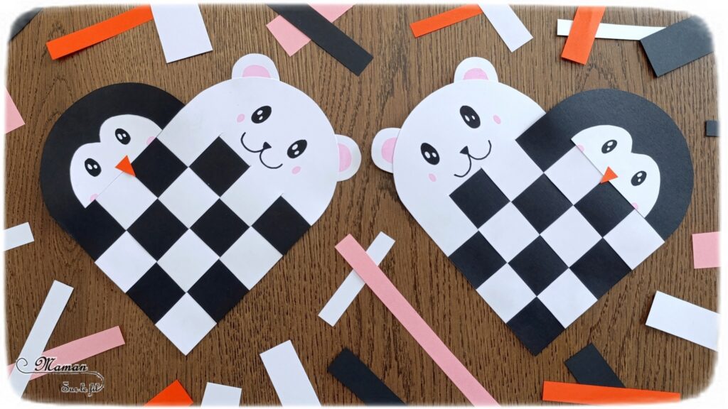 Créer un manchot et un ours polaire entrelacés dans un coeur : activité créative et manuelle enfants - Technique du coeur en papier tissé pour la base - Découpage, collage dessin pour l'ours blanc et le pingouin - Thème hiver, animaux du froid et de la banquise - Bricolage et décoration sympa et facile - Arts visuels Maternelle et cycle 2 - Maternelle et élémentaire - Créativité - Cycle 1 ou 2 - tutoriel photos - mslf