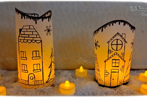 Fabriquer des lanternes hivernales avec du papier calque : activité créative, dessin et manuelle enfants - Dessiner un village d'hiver sur le calque (maisons, sapins, flocons, neige qui fond) en noir - Bougies LED pour le côté lumineux et cocooning - Décoration fait maison - Bricolage DIY - Thème hiver, neige - Bricolage et décoration sympa et facile - Arts visuels Maternelle et cycle 2 - Maternelle et élémentaire - Créativité - Cycle 1 ou 2 - tutoriel photos et vidéo - mslf