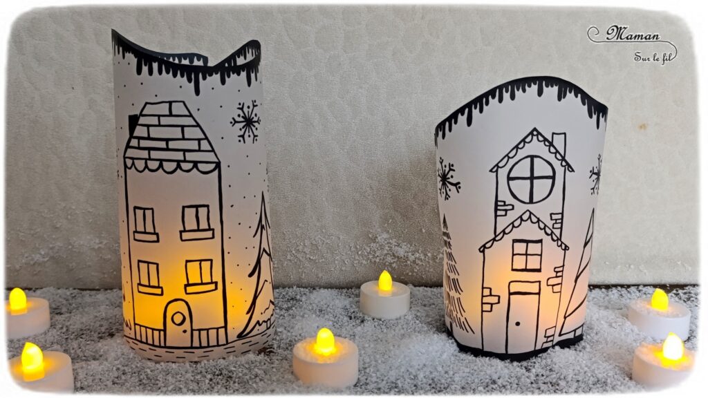 Fabriquer des lanternes hivernales avec du papier calque : activité créative, dessin et manuelle enfants - Dessiner un village d'hiver sur le calque (maisons, sapins, flocons, neige qui fond) en noir - Bougies LED pour le côté lumineux et cocooning - Décoration fait maison - Bricolage DIY - Thème hiver, neige - Bricolage et décoration sympa et facile - Arts visuels Maternelle et cycle 2 - Maternelle et élémentaire - Créativité - Cycle 1 ou 2 - tutoriel photos et vidéo - mslf