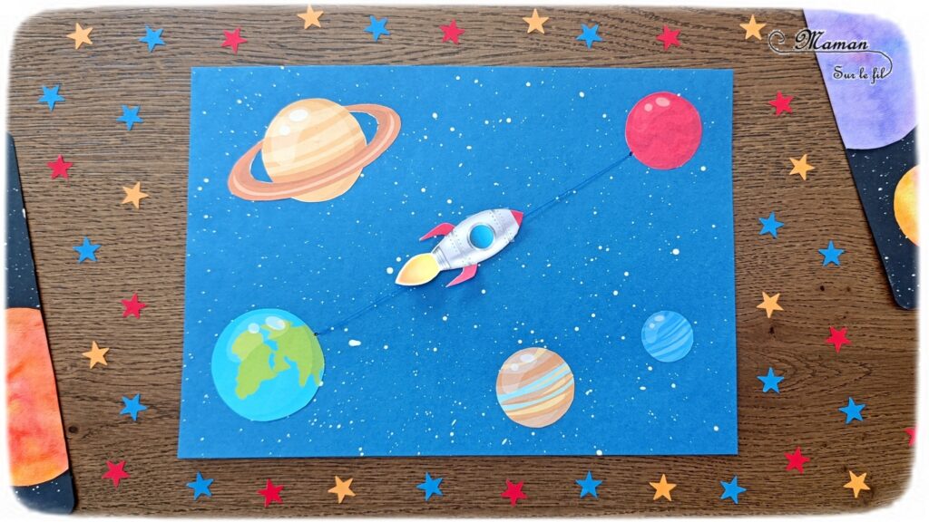 Fabriquer une fusée qui décolle et coulisse vers Mars : activité créative et manuelle enfants - Bricolage facile et rigolo avec un fil - Peinture éclaboussée avec un pinceau pour le fond étoilé - Découpage collage de planète - Fusée scotchée sur un fil - Thème Nuit, étoiles, espace et planètes - Bricolage et décoration sympa et facile - Arts visuels Maternelle et cycle 2 - Maternelle et élémentaire - Créativité - Cycle 1 ou 2 - tutoriel photos et vidéo - mslf