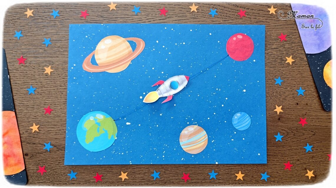 Fabriquer une fusée qui décolle et coulisse vers Mars : activité créative et manuelle enfants - Bricolage facile et rigolo avec un fil - Peinture éclaboussée avec un pinceau pour le fond étoilé - Découpage collage de planète - Fusée scotchée sur un fil - Thème Nuit, étoiles, espace et planètes - Bricolage et décoration sympa et facile - Arts visuels Maternelle et cycle 2 - Maternelle et élémentaire - Créativité - Cycle 1 ou 2 - tutoriel photos et vidéo - mslf