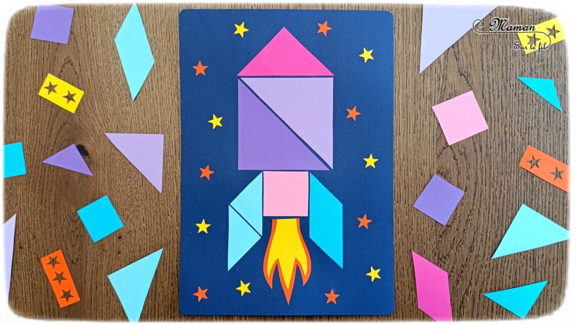 Créer une fusée colorée en tangram : activité créative et manuelle enfants - Découpage, collage, géométrie, formes et couleurs - Reproduction de modèle - Etoiles - Thème Nuit, Espace et planètes - Bricolage et décoration sympa et facile - Arts visuels Maternelle et cycle 2 - Maternelle et élémentaire - Créativité - Cycle 1 ou 2 - tutoriel photos - mslf