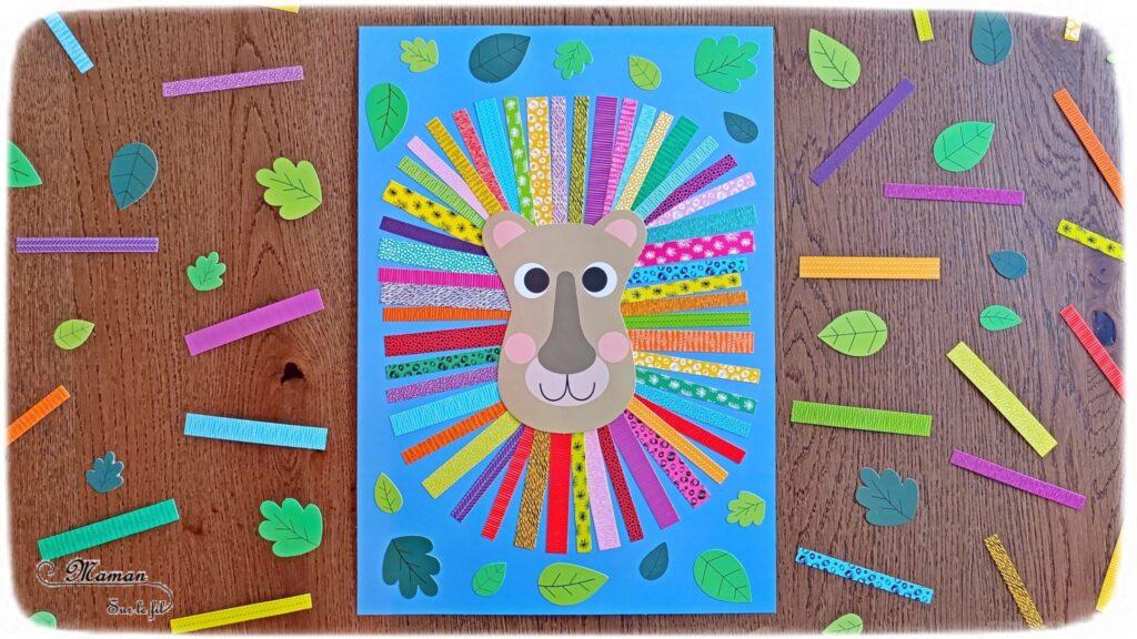 Créer un lion à la crinière colorée avec des bandes de papier : activité créative et manuelle enfants - Le tutoriel et tout le matériel viennent de chez 10 Doigts - Bricolage et décoration DIY réalisé avec des bandes de papier coloré et à motifs et des feuilles en papier cartonnée - Collage - Bricolage Fait maison, décoration - Kit tout compris - Thème Animaux de la savane, Carnaval, été - Bricolage sympa et facile - Arts visuels Maternelle et cycle 2 - Maternelle et élémentaire - Créativité - Cycle 1 ou 2 - tutoriel photos - mslf