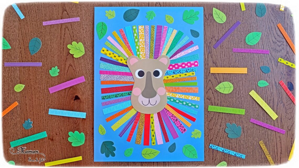 Créer un lion à la crinière colorée avec des bandes de papier : activité créative et manuelle enfants - Le tutoriel et tout le matériel viennent de chez 10 Doigts - Bricolage et décoration DIY réalisé avec des bandes de papier coloré et à motifs et des feuilles en papier cartonnée - Collage - Bricolage Fait maison, décoration - Kit tout compris - Thème Animaux de la savane, Carnaval, été - Bricolage sympa et facile - Arts visuels Maternelle et cycle 2 - Maternelle et élémentaire - Créativité - Cycle 1 ou 2 - tutoriel photos - mslf