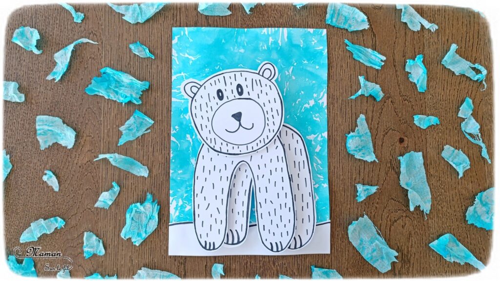 Dessiner un ours polaire graphique en relief : activité créative, dessin et manuelle enfants - Fond hivernal avec la technique du papier crépon et de l'eau - Ours blanc découpé et dessiné en noir de manière graphique - Dessin et graphismes - Effet en 3D avec des pastilles en mousse - Thème hiver, animaux du froid et de la banquise, neige - Bricolage et décoration sympa et facile - Arts visuels Maternelle et cycle 2 - Maternelle et élémentaire - Créativité - Cycle 1 ou 2 - tutoriel photos - mslf