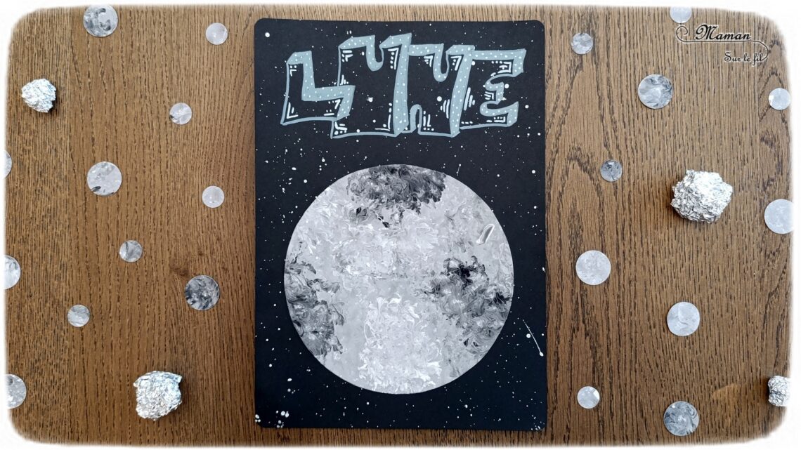 Peindre la lune avec du papier aluminium : activité créative, peinture et manuelle enfants - Technique de peinture ludique pour créer de la texture - Boule de papier alu - Couleurs noir, blanc et gris - Ecriture, dessin façon tag - Découpage, collage - Fond étoilé en peinture éclaboussée au pinceau - Thème Nuit, étoiles, espace et planètes - Bricolage et décoration sympa et facile - Arts visuels Maternelle et cycle 2 - Maternelle et élémentaire - Créativité - Cycle 1 ou 2 - tutoriel photos - mslf