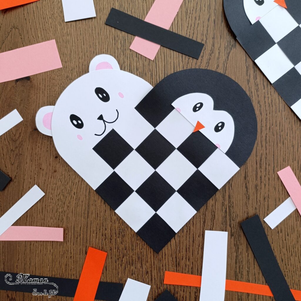 Créer un manchot et un ours polaire entrelacés dans un coeur : activité créative et manuelle enfants - Technique du coeur en papier tissé pour la base - Découpage, collage dessin pour l'ours blanc et le pingouin - Thème hiver, animaux du froid et de la banquise - Bricolage et décoration sympa et facile - Arts visuels Maternelle et cycle 2 - Maternelle et élémentaire - Créativité - Cycle 1 ou 2 - tutoriel photos - mslf