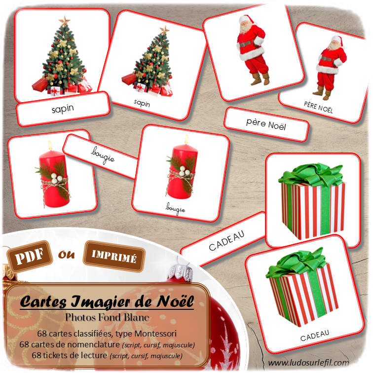 Jeu de cartes type Montessori (classifiées et de nomenclature) - Imagier de Noël - Décoration, repas, nourriture, personnages, traditions - Photos sur fond blanc - Autocorrection au dos (noms pour lecteurs, symboles pour non lecteur) - 3 graphies disponibles - Script, majuscule, cursif - Document PDF à télécharger et imprimer ou jeu imprimé - Fêtes de fin d'année - 68 cartes - Tickets de lecture - atelier autocorrectif maternelle élémentaire - Cycle 1 ou 2 - discrimination visuelle, observation, culture générale, lecture de mots, langage oral, lexique- lslf