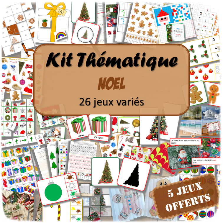 Kit thématique - Noël - 26 jeux variés pour le prix de 21 - 5 jeux offerts - Jeux pédagogiques, éducatifs et ludiques - Atelier autonome Maternelle (Cycle 1) et Primaire (Cycle 2 et 3) - PDF à télécharger et à imprimer - Difficulté progressive et différents niveaux pour la différenciation - Tarif préférentiel, réduction - Thèmes fêtes de fin d'année, Noël, Père Noël, hiver, décorations, cadeaux, traditions - lslf