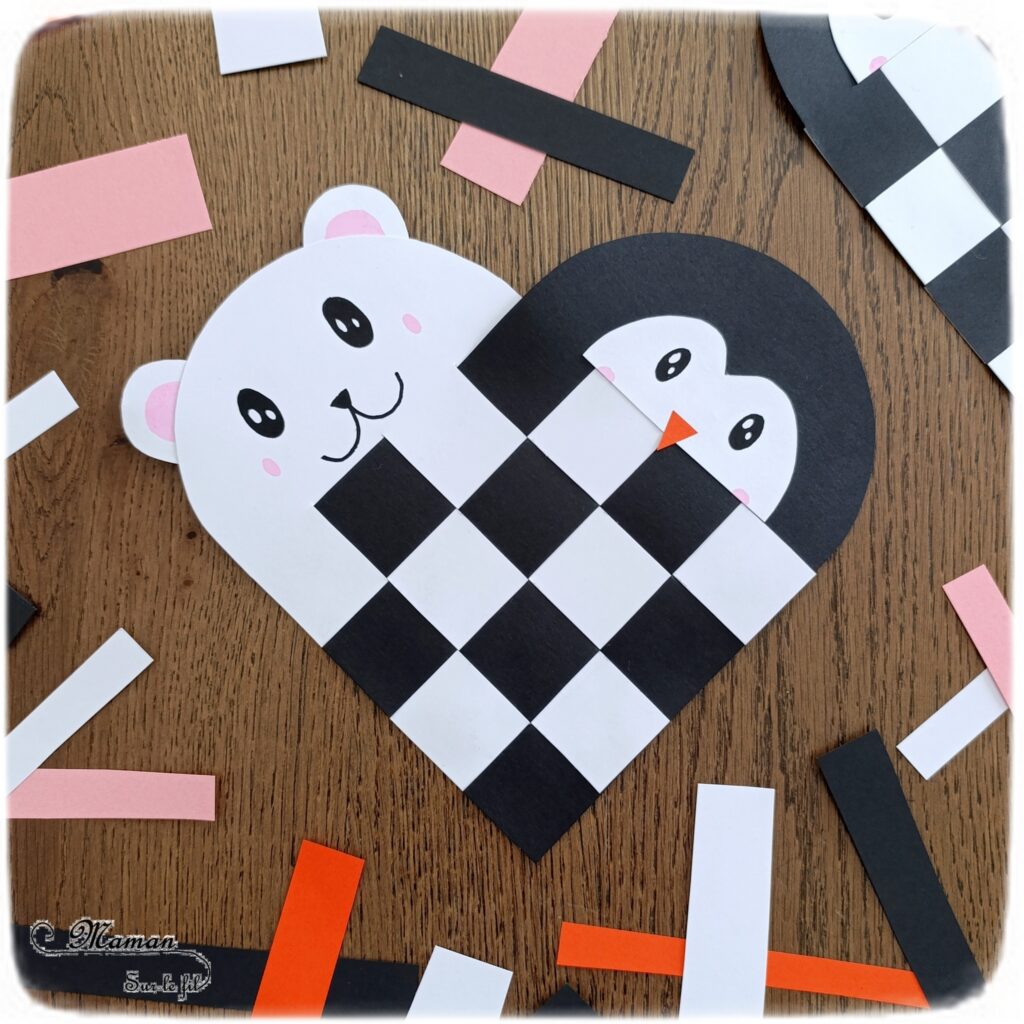 Créer un manchot et un ours polaire entrelacés dans un coeur : activité créative et manuelle enfants - Technique du coeur en papier tissé pour la base - Découpage, collage dessin pour l'ours blanc et le pingouin - Thème hiver, animaux du froid et de la banquise - Bricolage et décoration sympa et facile - Arts visuels Maternelle et cycle 2 - Maternelle et élémentaire - Créativité - Cycle 1 ou 2 - tutoriel photos - mslf