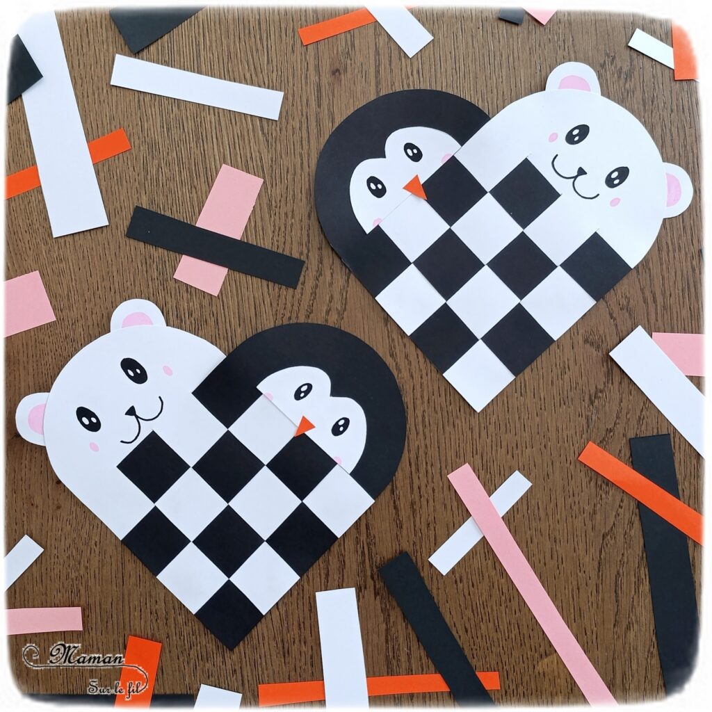 Créer un manchot et un ours polaire entrelacés dans un coeur : activité créative et manuelle enfants - Technique du coeur en papier tissé pour la base - Découpage, collage dessin pour l'ours blanc et le pingouin - Thème hiver, animaux du froid et de la banquise - Bricolage et décoration sympa et facile - Arts visuels Maternelle et cycle 2 - Maternelle et élémentaire - Créativité - Cycle 1 ou 2 - tutoriel photos - mslf