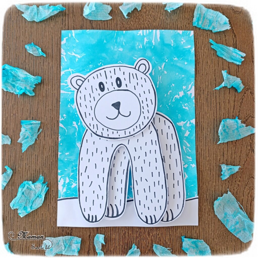 Dessiner un ours polaire graphique en relief : activité créative, dessin et manuelle enfants - Fond hivernal avec la technique du papier crépon et de l'eau - Ours blanc découpé et dessiné en noir de manière graphique - Dessin et graphismes - Effet en 3D avec des pastilles en mousse - Thème hiver, animaux du froid et de la banquise, neige - Bricolage et décoration sympa et facile - Arts visuels Maternelle et cycle 2 - Maternelle et élémentaire - Créativité - Cycle 1 ou 2 - tutoriel photos - mslf