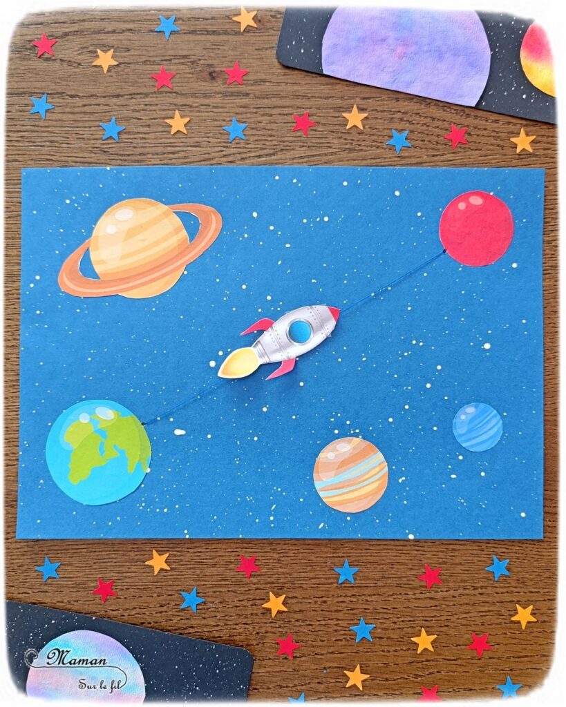 Fabriquer une fusée qui décolle et coulisse vers Mars : activité créative et manuelle enfants - Bricolage facile et rigolo avec un fil - Peinture éclaboussée avec un pinceau pour le fond étoilé - Découpage collage de planète - Fusée scotchée sur un fil - Thème Nuit, étoiles, espace et planètes - Bricolage et décoration sympa et facile - Arts visuels Maternelle et cycle 2 - Maternelle et élémentaire - Créativité - Cycle 1 ou 2 - tutoriel photos et vidéo - mslf