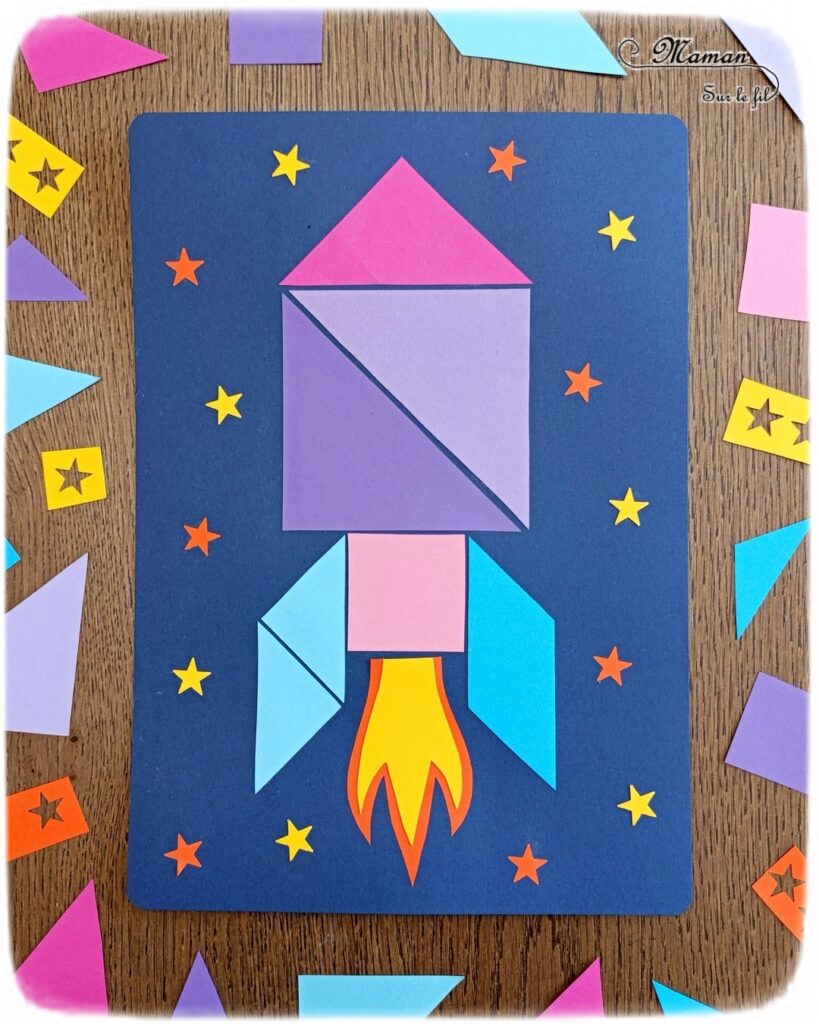 Créer une fusée colorée en tangram : activité créative et manuelle enfants - Découpage, collage, géométrie, formes et couleurs - Reproduction de modèle - Etoiles - Thème Nuit, Espace et planètes - Bricolage et décoration sympa et facile - Arts visuels Maternelle et cycle 2 - Maternelle et élémentaire - Créativité - Cycle 1 ou 2 - tutoriel photos - mslf