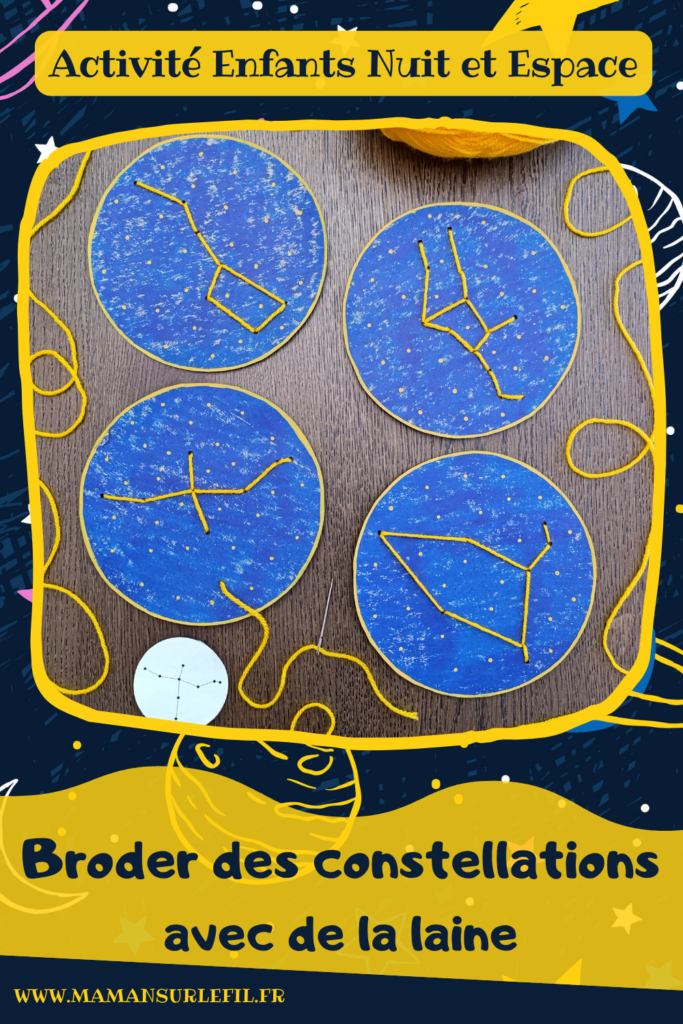 Broder des constellations avec de la laine et du carton : activité créative, récup' et manuelle enfants - Cercles en carton de récup' peint en bleu - Recyclage, surcyclage - Peinture, compas, géométrie, découpage - Trous dans le carton à la perforatrice - Reproduire les constellations avec un modèles avec de la laine et une aiguille - Initiation à la broderie, à la couture Motricité fine - Thème nuit, étoiles, espace - Bricolage et décoration sympa et facile - Arts visuels Maternelle et cycle 2 - Maternelle et élémentaire - Créativité - Cycle 1 ou 2 - tutoriel photos - mslf