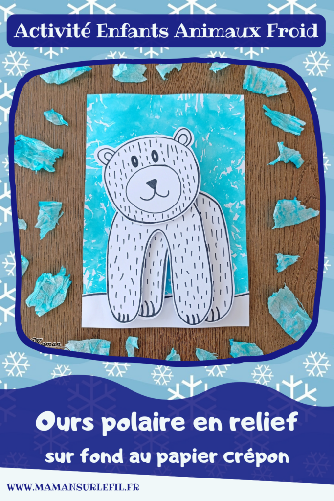 Dessiner un ours polaire graphique en relief : activité créative, dessin et manuelle enfants - Fond hivernal avec la technique du papier crépon et de l'eau - Ours blanc découpé et dessiné en noir de manière graphique - Dessin et graphismes - Effet en 3D avec des pastilles en mousse - Thème hiver, animaux du froid et de la banquise, neige - Bricolage et décoration sympa et facile - Arts visuels Maternelle et cycle 2 - Maternelle et élémentaire - Créativité - Cycle 1 ou 2 - tutoriel photos - mslf