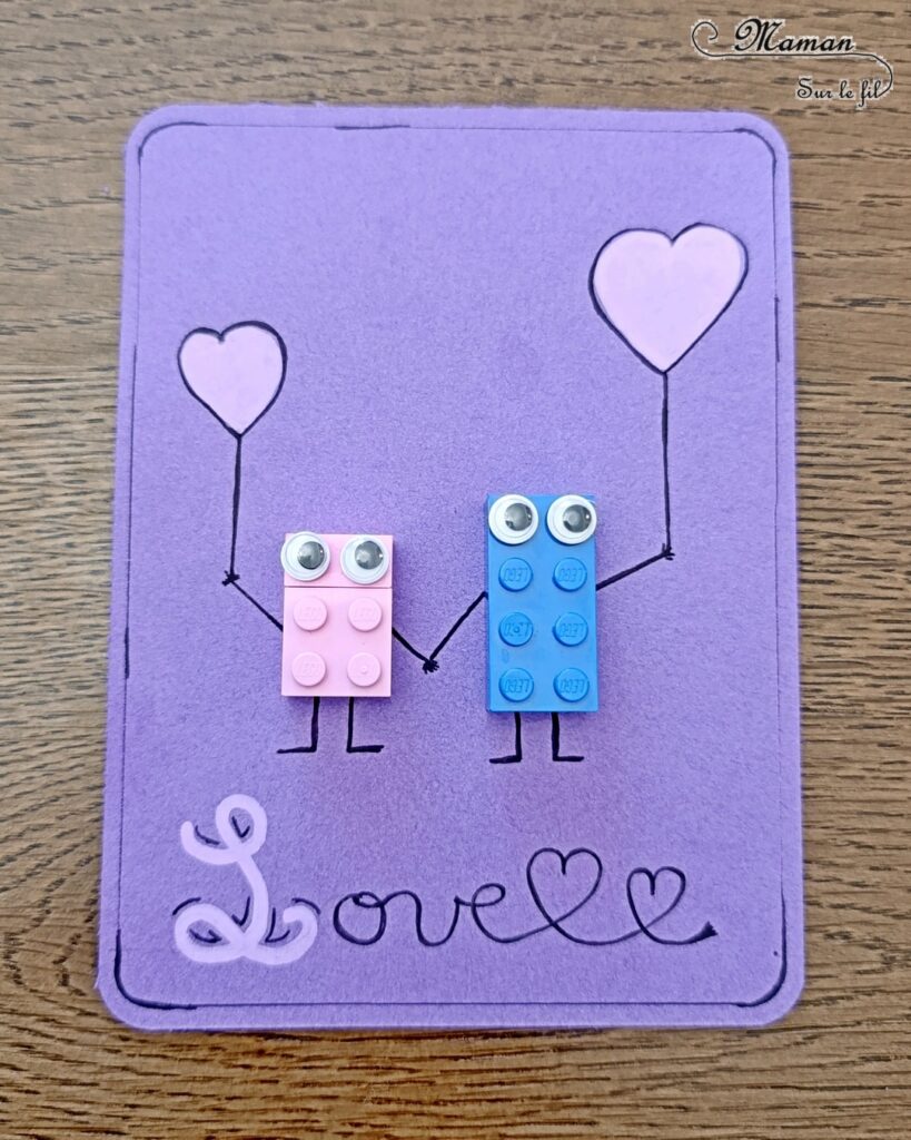 Fabriquer une carte avec un couple d'amoureux en Lego : activité créative et manuelle enfants - Collage de Lego ou de Duplo - Dessin - Carte fait maison - Cadeau à offrir DIY - Saint Valentin ou fête des mères, pères, grands-mères, grands-pères... - Thème Amour, amitié, coeurs, Saint Valentin, fêtes - Bricolage et décoration sympa et facile - Arts visuels Maternelle et cycle 2 - Maternelle et élémentaire - Créativité - Cycle 1 ou 2 - tutoriel photos - mslf