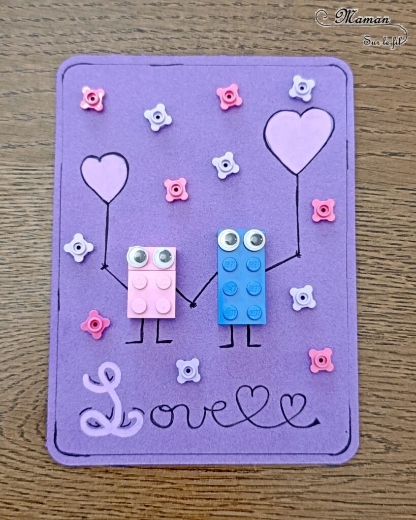 Fabriquer une carte avec un couple d'amoureux en Lego : activité créative et manuelle enfants - Collage de Lego ou de Duplo - Dessin - Carte fait maison - Cadeau à offrir DIY - Saint Valentin ou fête des mères, pères, grands-mères, grands-pères... - Thème Amour, amitié, coeurs, Saint Valentin, fêtes - Bricolage et décoration sympa et facile - Arts visuels Maternelle et cycle 2 - Maternelle et élémentaire - Créativité - Cycle 1 ou 2 - tutoriel photos - mslf