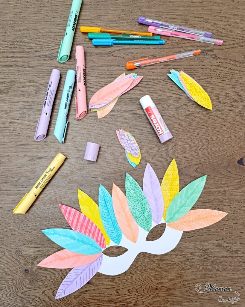 Fabriquer un masque de plumes en papier avec des surligneurs et des stylos gel : activité créative, dessin et manuelle enfants - Découpage, Coloriage, dessin et graphismes - Couleurs pastels - Collage pour un masque façon Loup avec un bâtonnet en bois - Bricolage ludique et coloré pour un thème Anniversaire, Carnaval, Mardi Gras - Bricolage et décoration sympa et facile - Arts visuels Maternelle et cycle 2 - Maternelle et élémentaire - Créativité - Cycle 1 ou 2 - tutoriel photos - mslf