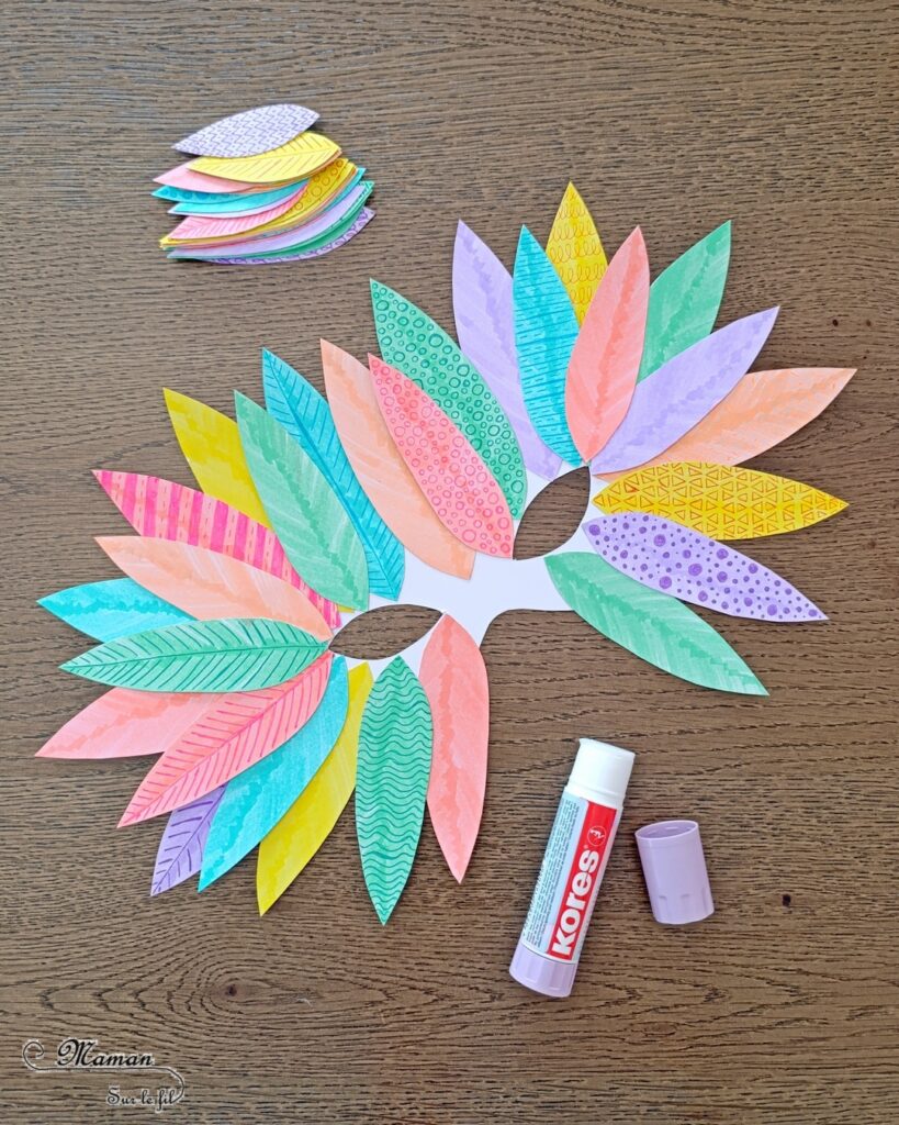 Fabriquer un masque de plumes en papier avec des surligneurs et des stylos gel : activité créative, dessin et manuelle enfants - Découpage, Coloriage, dessin et graphismes - Couleurs pastels - Collage pour un masque façon Loup avec un bâtonnet en bois - Bricolage ludique et coloré pour un thème Anniversaire, Carnaval, Mardi Gras - Bricolage et décoration sympa et facile - Arts visuels Maternelle et cycle 2 - Maternelle et élémentaire - Créativité - Cycle 1 ou 2 - tutoriel photos - mslf