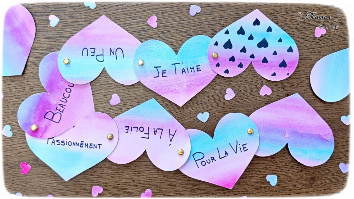 Fabriquer une carte Coeurs qui déroule à offrir : activité créative et manuelle enfants - Fond réalisé avec des bandes à la peinture type aquarelle - Découpage et écriture - Message Je t'aime un peu, beaucoup, à la folie... - Surprise DIY - Cadeau à offrir pour la Saint Valentin ou la fête des mères, pères, grands-mères, grands-pères... - Thème Amour, amitié, coeurs, Saint Valentin, fêtes - Bricolage et décoration sympa et facile - Arts visuels Maternelle et cycle 2 - Maternelle et élémentaire - Créativité - Cycle 1 ou 2 - tutoriel photos et vidéo - mslf