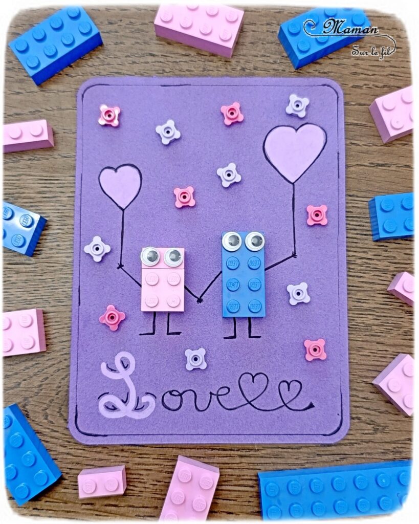 Fabriquer une carte avec un couple d'amoureux en Lego : activité créative et manuelle enfants - Collage de Lego ou de Duplo - Dessin - Carte fait maison - Cadeau à offrir DIY - Saint Valentin ou fête des mères, pères, grands-mères, grands-pères... - Thème Amour, amitié, coeurs, Saint Valentin, fêtes - Bricolage et décoration sympa et facile - Arts visuels Maternelle et cycle 2 - Maternelle et élémentaire - Créativité - Cycle 1 ou 2 - tutoriel photos - mslf