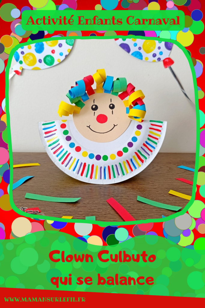 Fabriquer un clown Culbuto qui se balance : activité créative, récup' et manuelle enfants - Base avec une assiette en carton pliée en deux - Dessins colorés aux marqueurs Peinture et gommette - Cheveux en bandes de papier frisées, ondulées avec des ciseaux - Balancement obtenu avec l'assiette Bricolage ludique et coloré pour un thème Carnaval, Mardi Gras ou Cirque - Bricolage et décoration sympa et facile - Arts visuels Maternelle et cycle 2 - Maternelle et élémentaire - Créativité - Cycle 1 ou 2 - tutoriel photos et vidéo - mslf